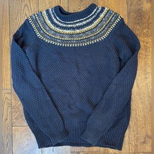 navy knit sweater with beautiful gold details